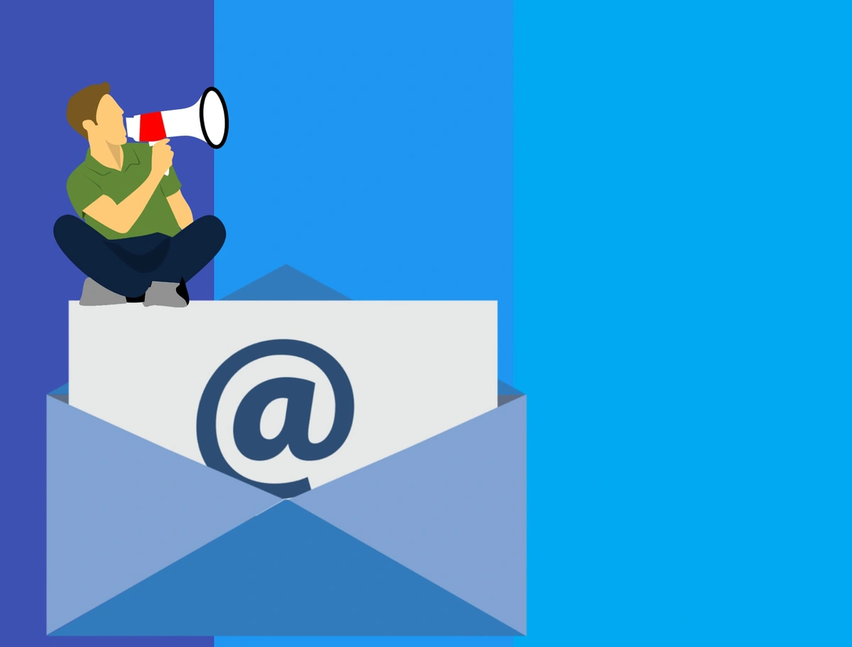 Drawing of a man with a megaphone sitting on an envelope representing an email message.
