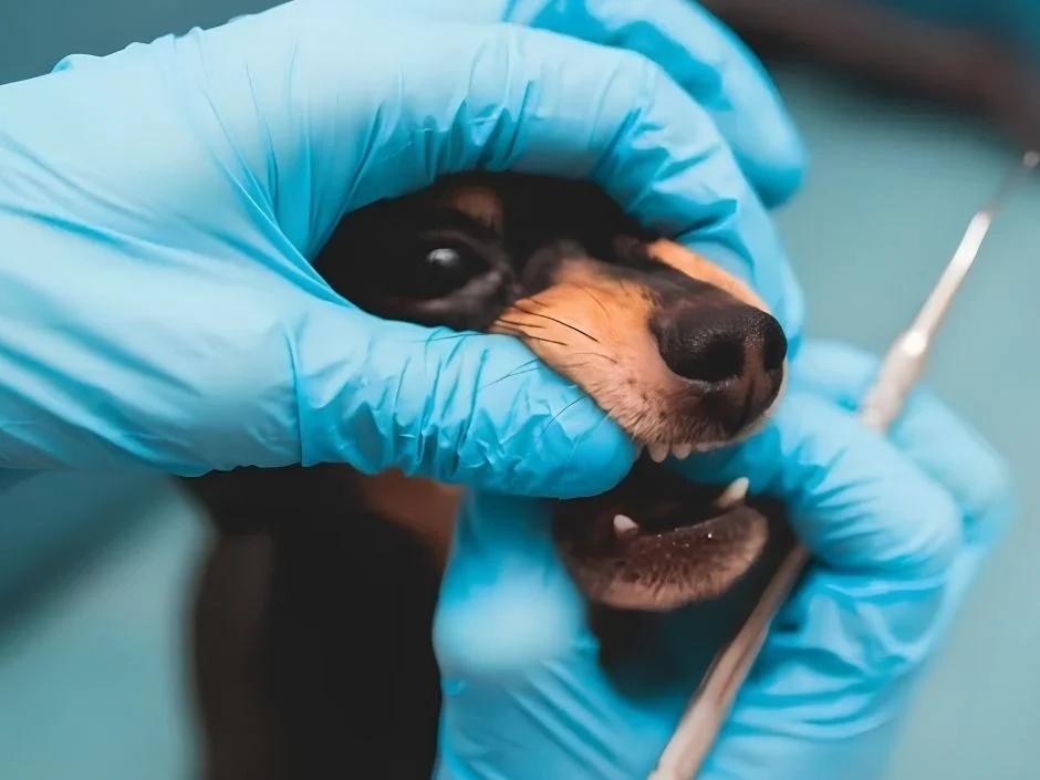veterinarian in blue gloves examining miniature dachshund jaw and bite alignment during vet check