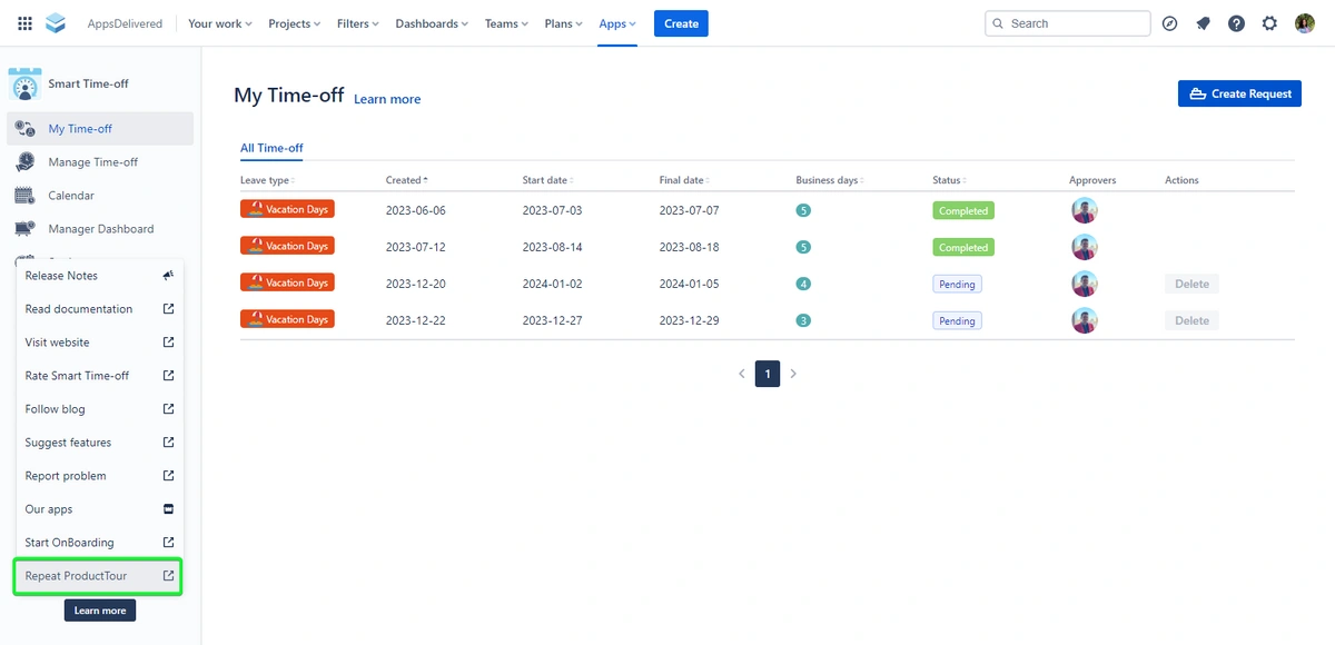 A page from a time-off management application displaying a list of leave requests with statuses, approvers, and action options.