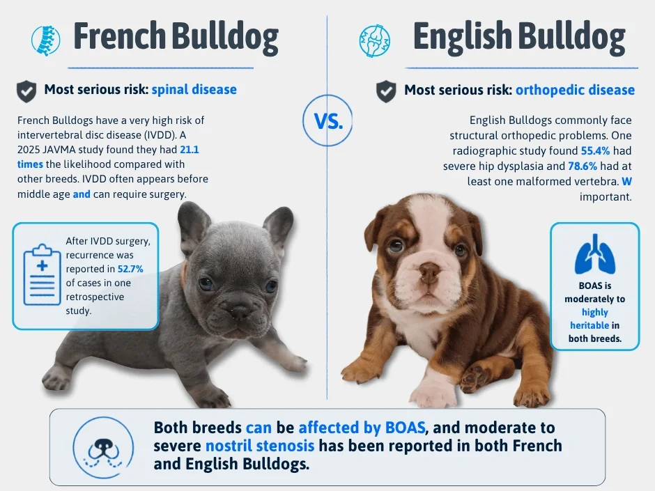 French Bulldog vs English Bulldog health risk comparison infographic showing IVDD and BOAS statistics