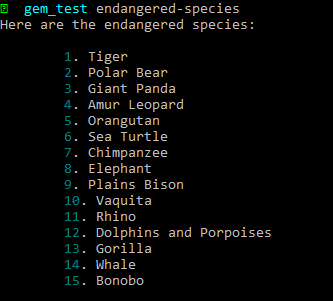 List of animals displayed in terminal