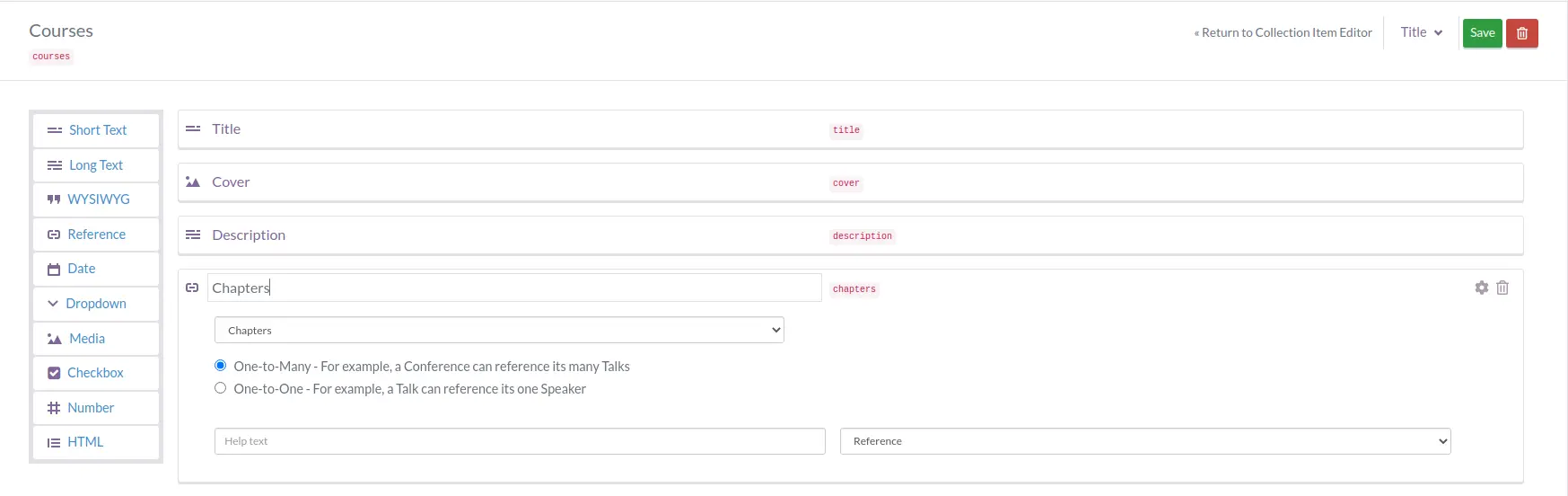 Courses collection schema in ButterCMS