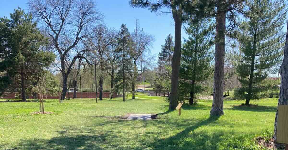 A concrete disc golf tee in a park with mown grass and scattered trees