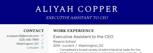 Contact header for executive assistant resume 