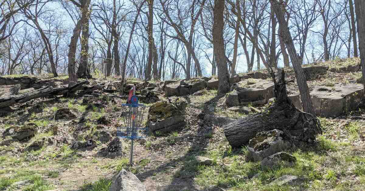 A blue disc golf basket in a location with bare trees and exposed rock