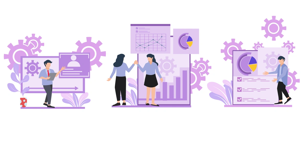 Vector illustration showing individuals engaged with different stages of data analysis and presentation in a corporate setting.