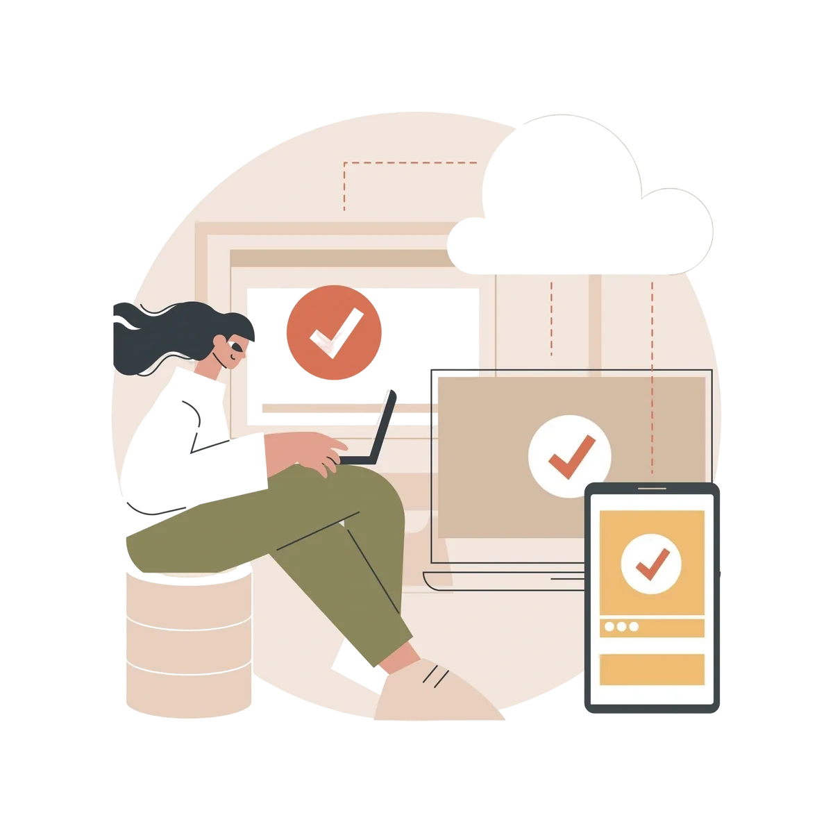 Woman using laptop with cloud storage and device synchronization icons.