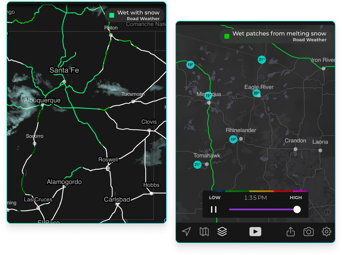 Screenshots of road weather conditions displayed in the MyRadar app