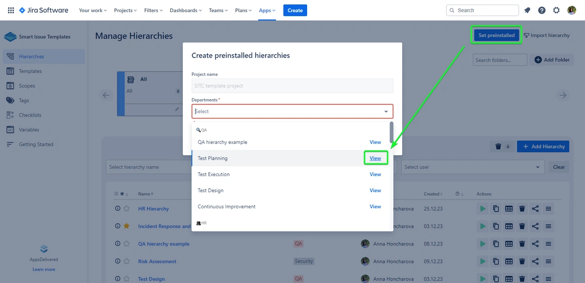 A screenshot of a project management tool interface showing the option to set preinstalled hierarchies with a dropdown menu for selecting a department and a list of hierarchy templates.