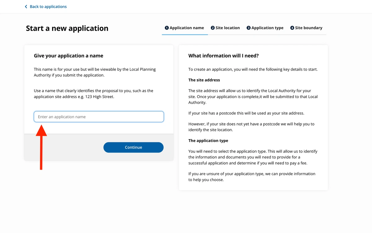 Choose an application name on the Planning portal