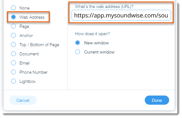 Wix editor selecting web address option and pasting Soundwise Checkout page URL into field.