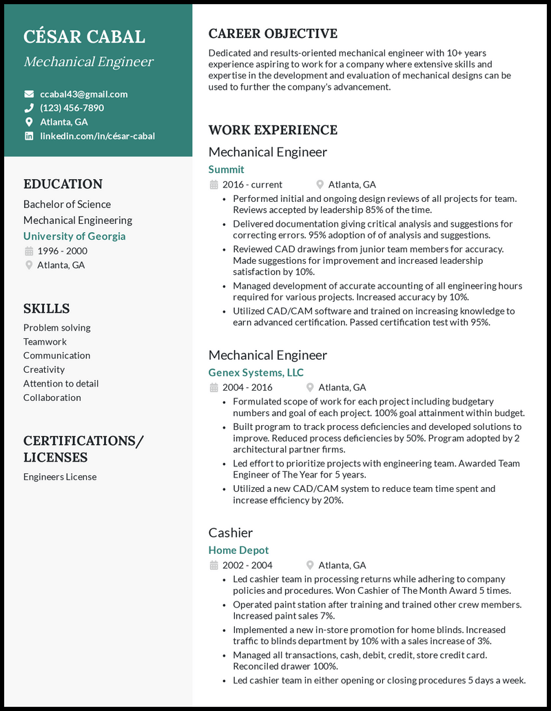 5 Mechanical Engineer Resume Examples Built For 2021