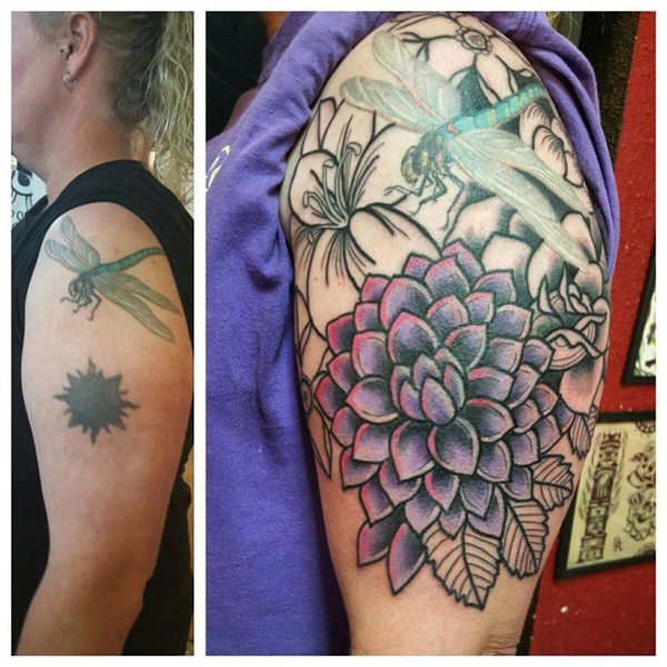 tattoo cover up dragonfly floral theme