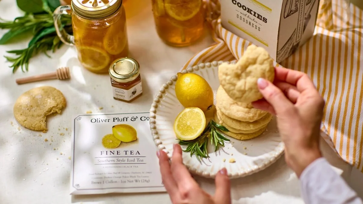 A styled tabletop scene featuring lemon cookies on a plate with fresh lemon halves and rosemary, alongside jars of tea or infused beverage, product packaging, and a person holding a cookie.