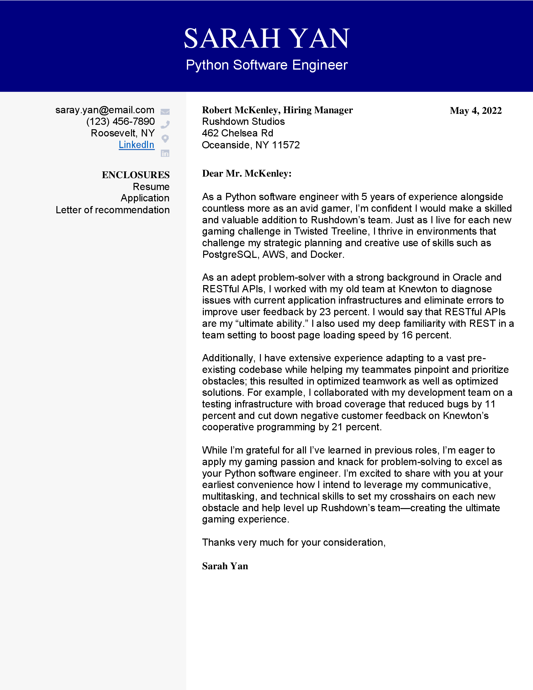 Python software engineer cover letter with blue contact header