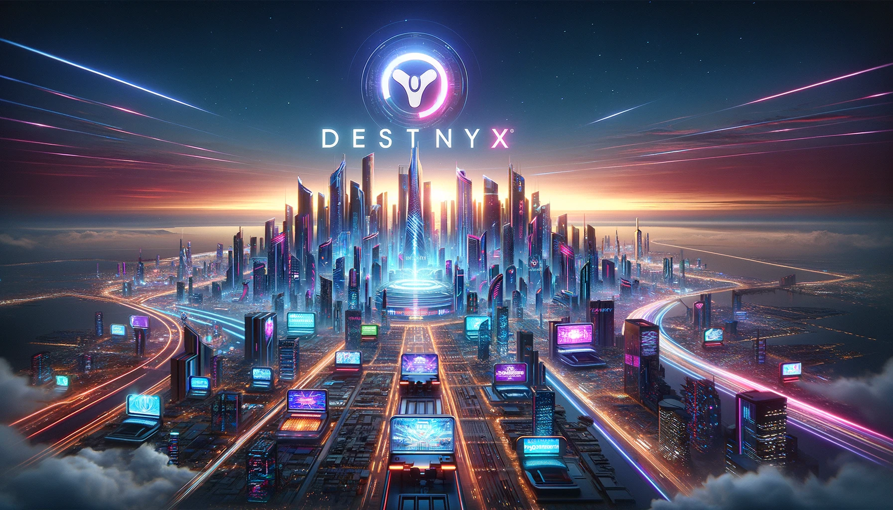 Sci-fi concept art featuring a sky city with the logo 'DESTNYX V' positioned above it, showcased at TrustDice