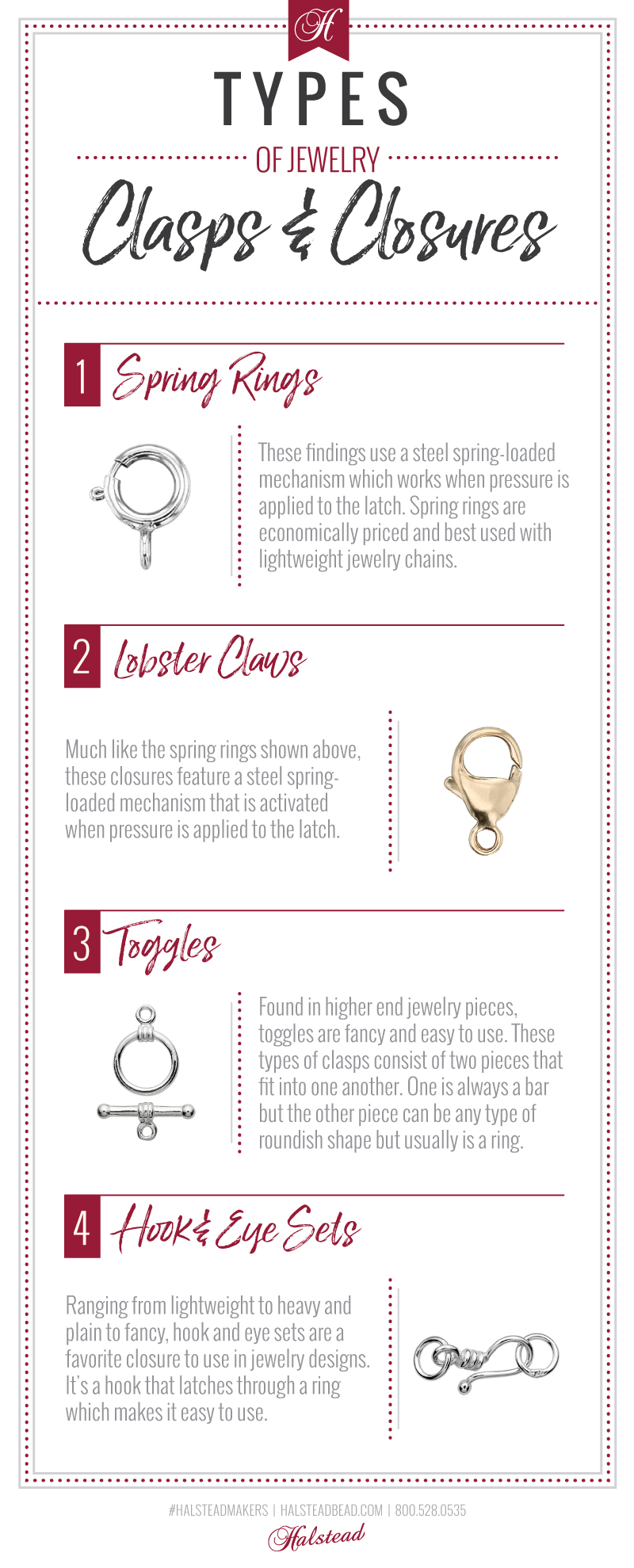 Types of Clasps & Closures Infographic: Spring Rings, Lobster Claws, Toggles, Hook Clasps