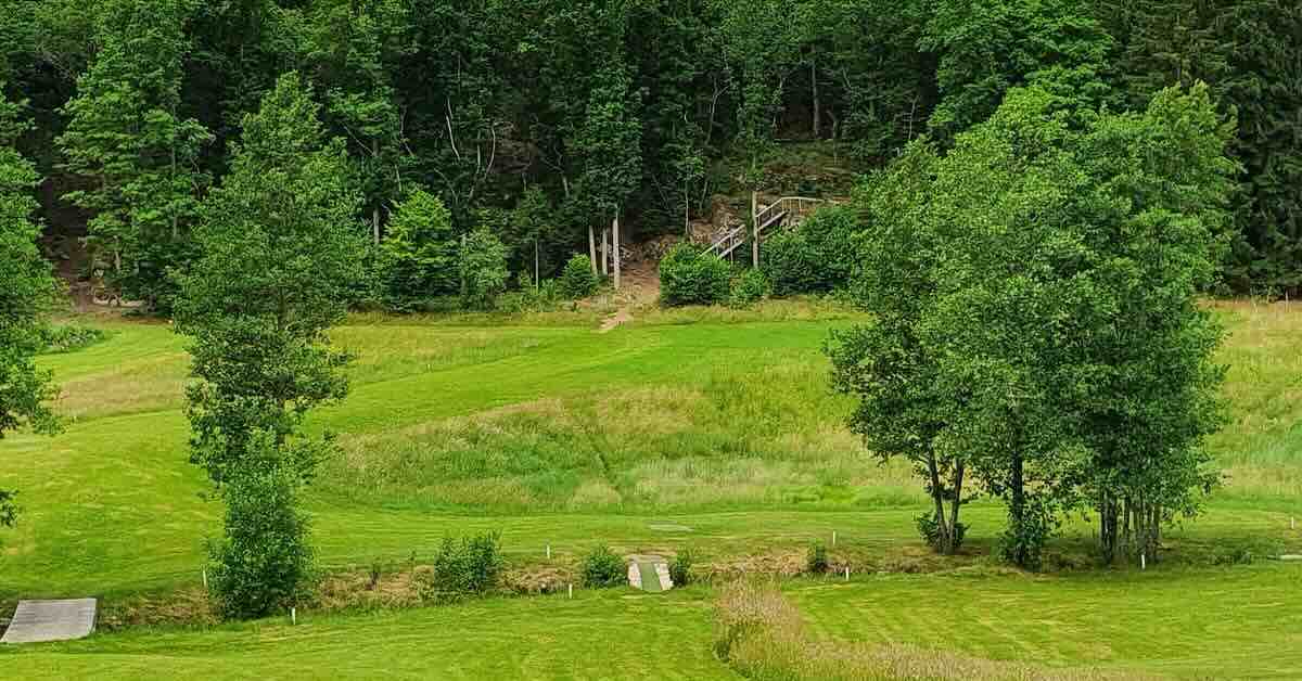 View of mowed fairways, trees, and a staircase up a hill