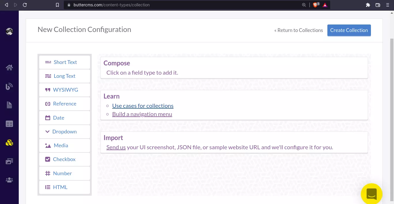 ButterCMS new collection configuration.