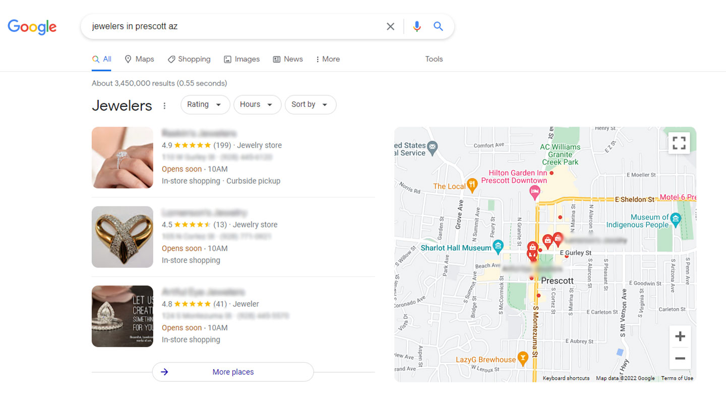 Screenshot of a Google search showing the map pack