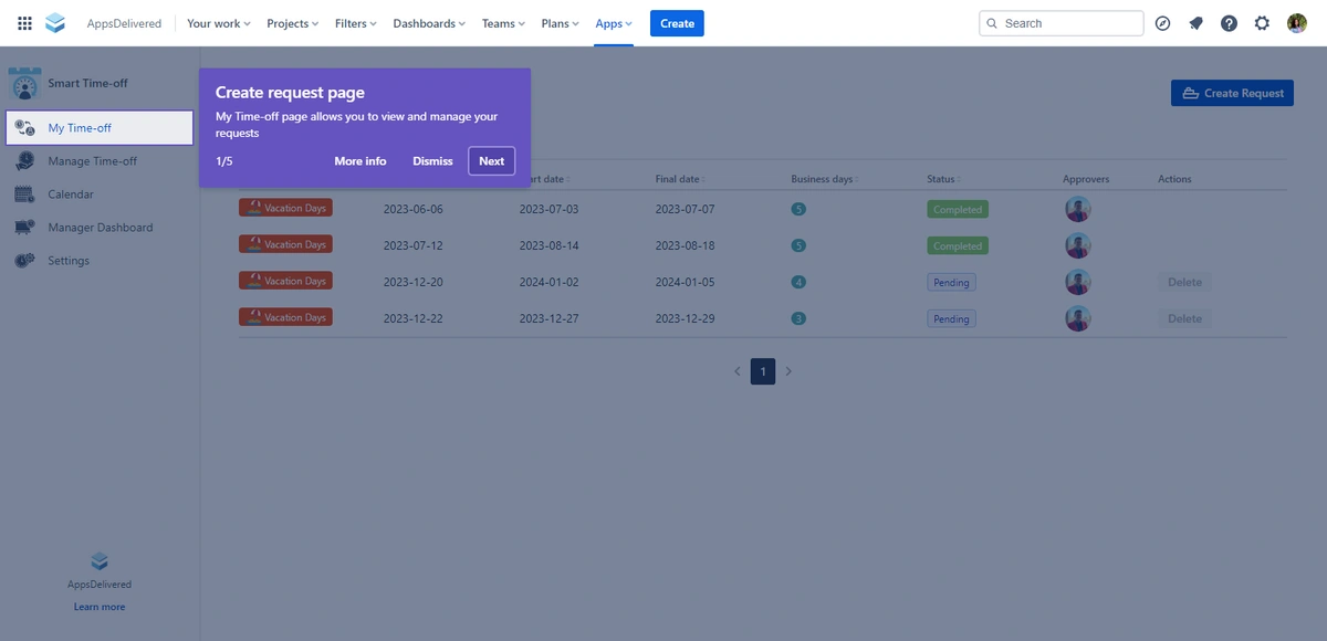 A page for creating leave requests in a time-off management system, with options to move info, delete, or navigate through requests.