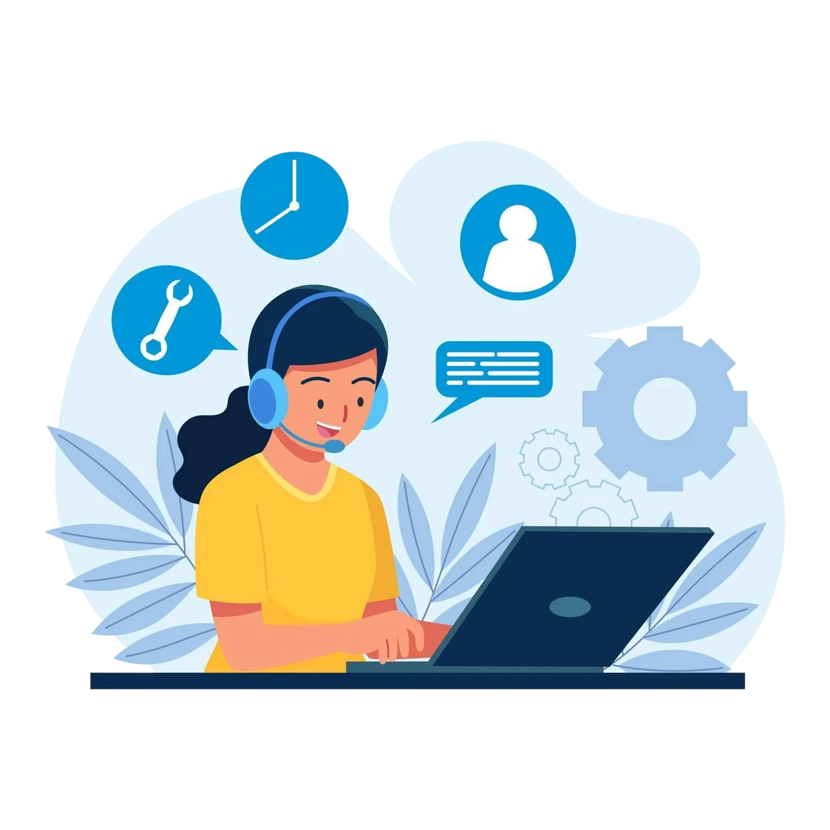 Customer support agent using a laptop with service-related icons around her.