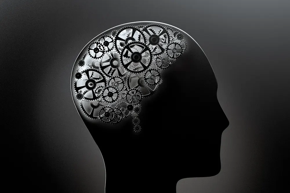 silhouette illustration of human head with gears for brain