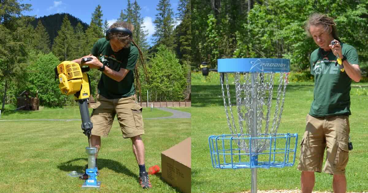 Two photos. of the same man with dreadlocks in shorts and t-shirt installing a disc golf basket in a green, outdoor setting