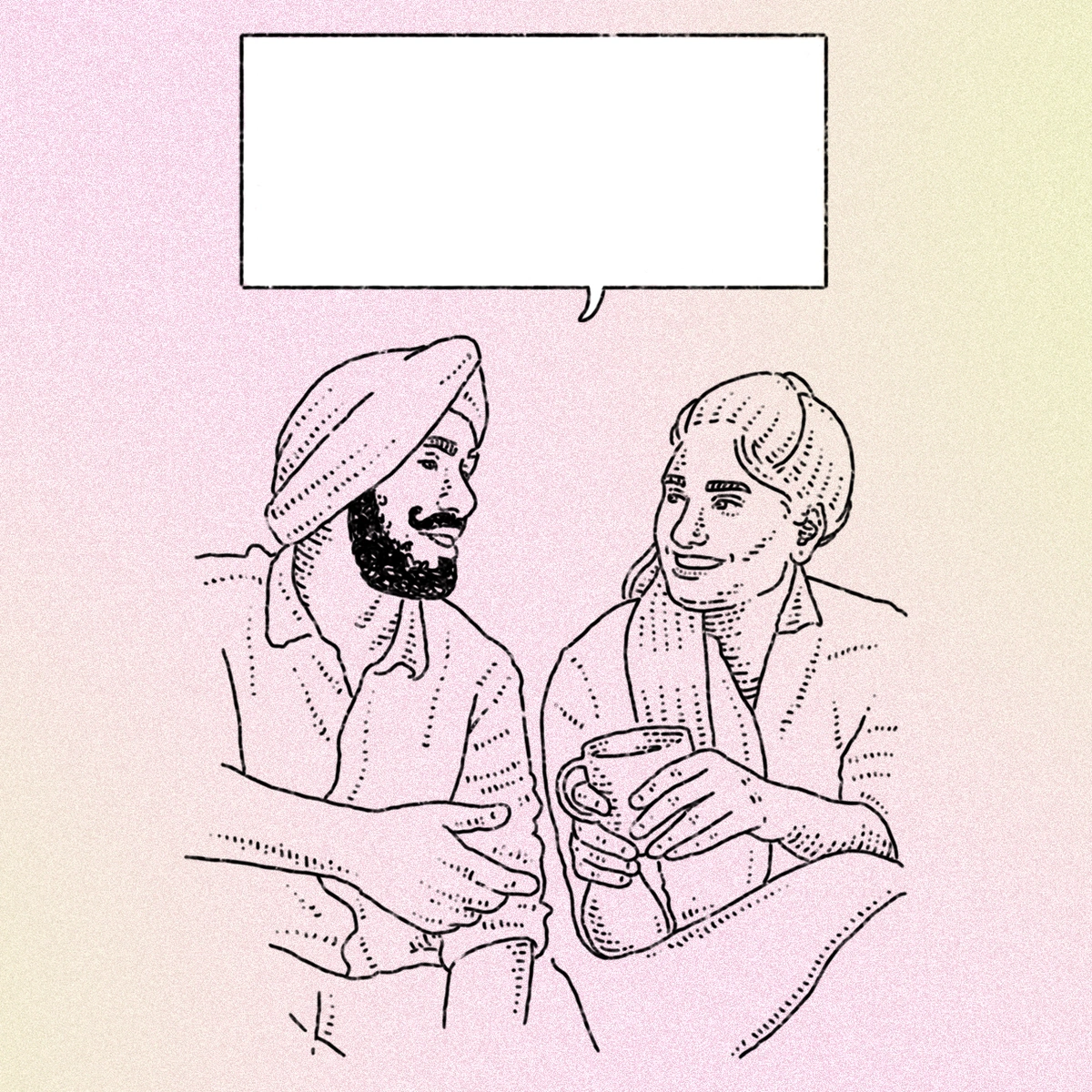 One person talking to another with a speech bubble coming from the person on the left.