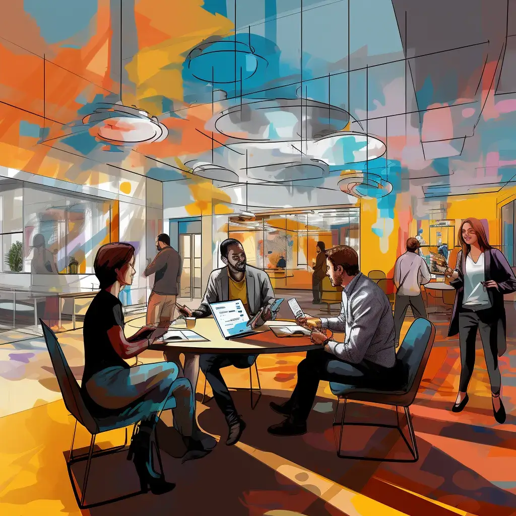 Subject: Enhanced Collaboration Medium: Digital illustration Environment: Creative office space Lighting: Bright and vibrant with pops of color Color: Bold and dynamic with a combination of warm and cool tones Mood: Energetic and collaborative Compos