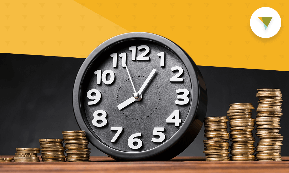Clock surrounded by stacks of coins