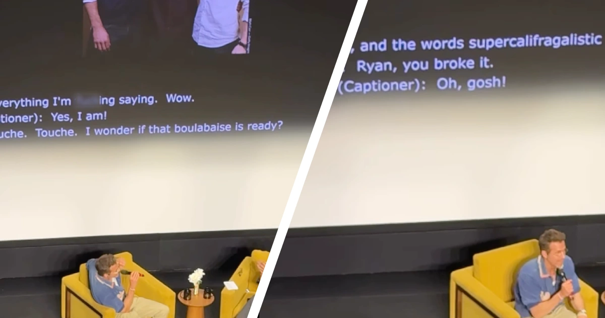 A split image featuring Ryan Reynolds sitting on stage at TIFF, facing the screen behind him. The screen is displaying closed captions.