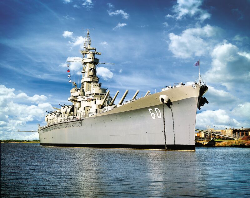 U.S. battleship anchored at harbor