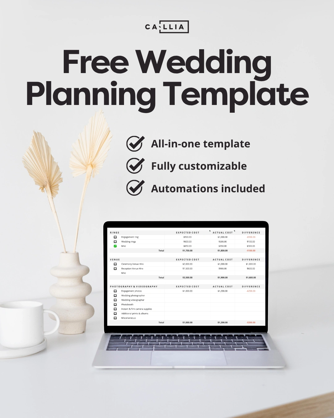 Graphic showing an open laptop with a preview of Callia’s wedding planning template