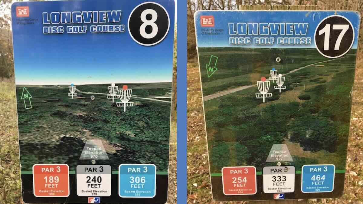 Disc golf tee signs showing multiple pin positions on two holes