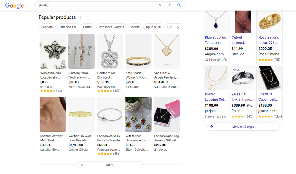 Screenshot of Google shopping