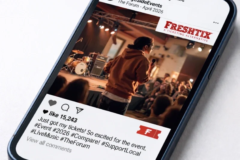 Instagram post on a smartphone showing a live music event ticket purchase in 2026