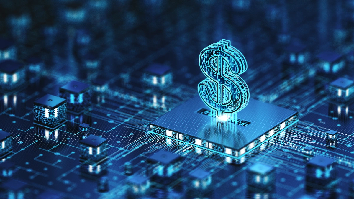 The image shows a glowing blue dollar sign atop a microchip surrounded by other digital components, symbolizing financial technology and digital security in banking