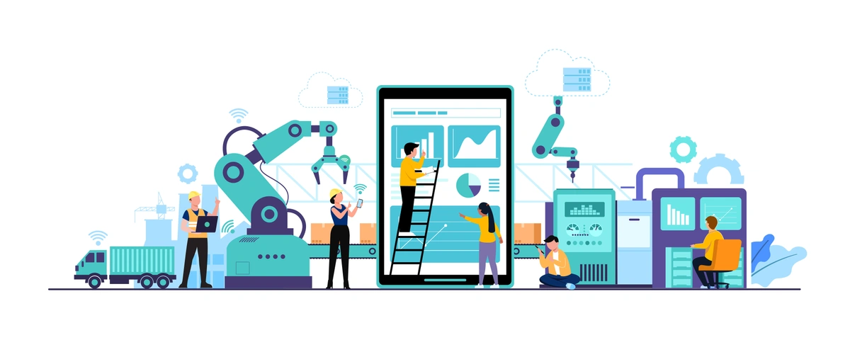 An illustration of a modern, automated industrial environment with robotic arms, a large smartphone interface in the center displaying data analytics, workers engaged with digital devices, and industrial equipment, signifying advanced manufacturing processes and IoT integration in industry.