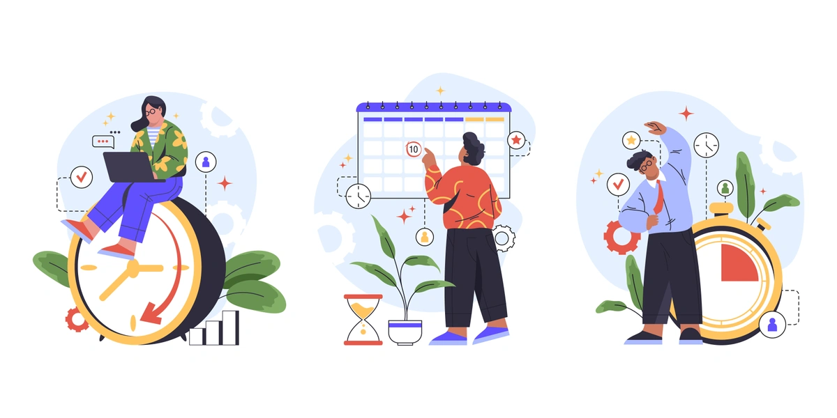 A digital image displaying individuals engaged in time management activities, with elements like clocks and calendars, emphasizing productivity and scheduling.