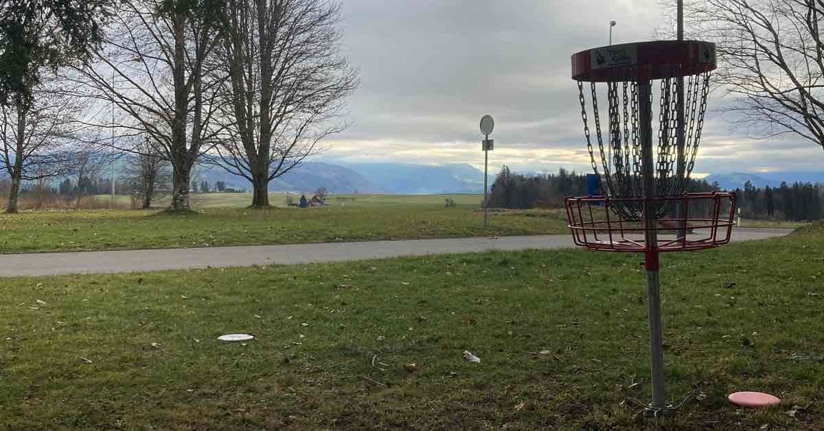 A red basket in an open field with mountains in the distance