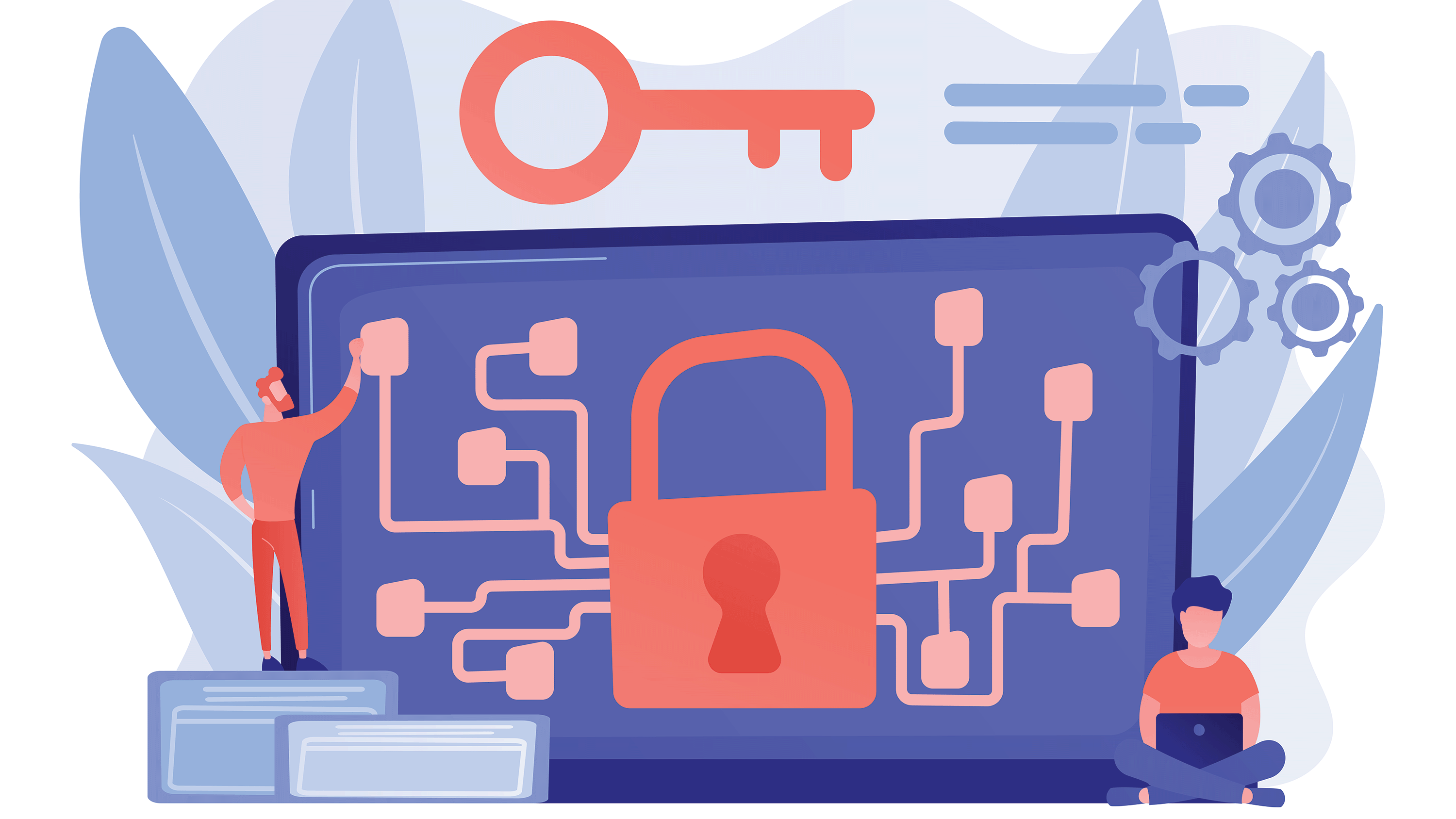 Illustration of laptop, locks, keys, and people
