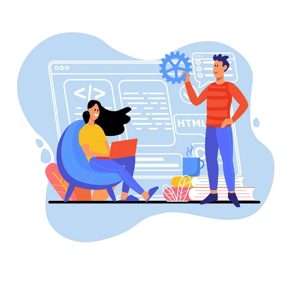 Two people collaborating on software development, with one using a laptop and the other holding a gear icon in front of a screen displaying code and HTML elements.