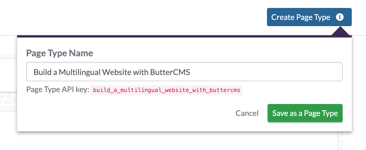 Screenshot: Create page type button in ButterCMS