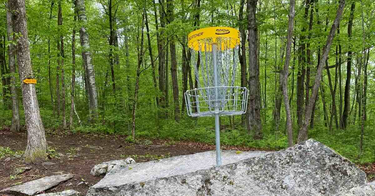 A disc golf basket in a wooded area secured to a large boulder