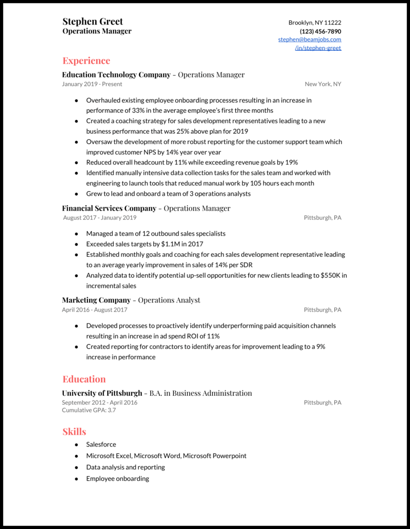 3 Operations Manager Resume Examples For 2020