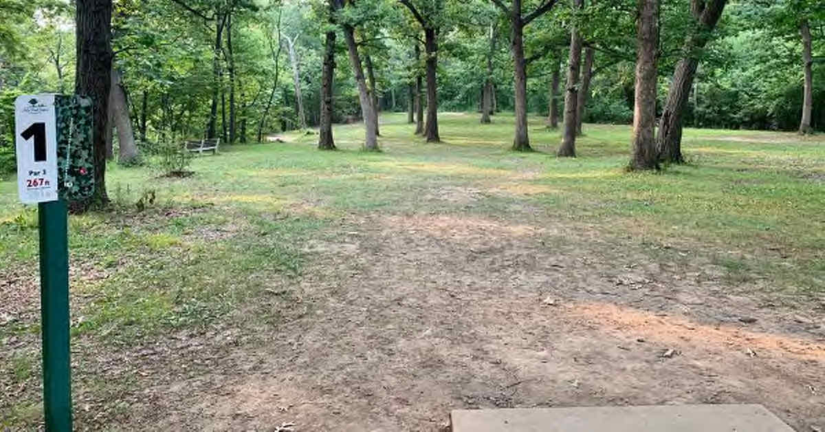 A disc golf tee sign and grassy fairway with scattered trees