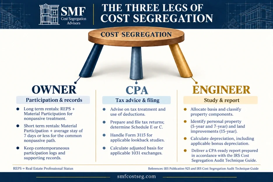 Infographic of a three-legged stool labeled Cost Segregation. Owner: participation and records. CPA: tax advice and filing. Engineer: study and report.