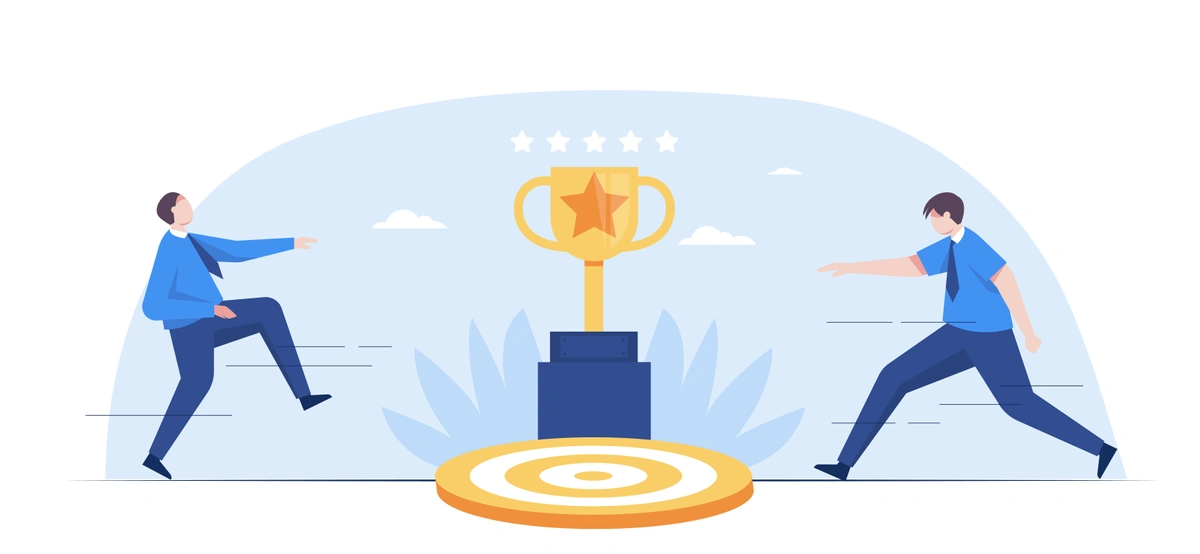 A cartoon image of two people racing towards a trophy on a pedestal with stars above it, illustrating competition or achievement.