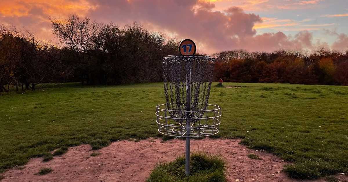 A disc golf basket in a flat, grassy area near dawn